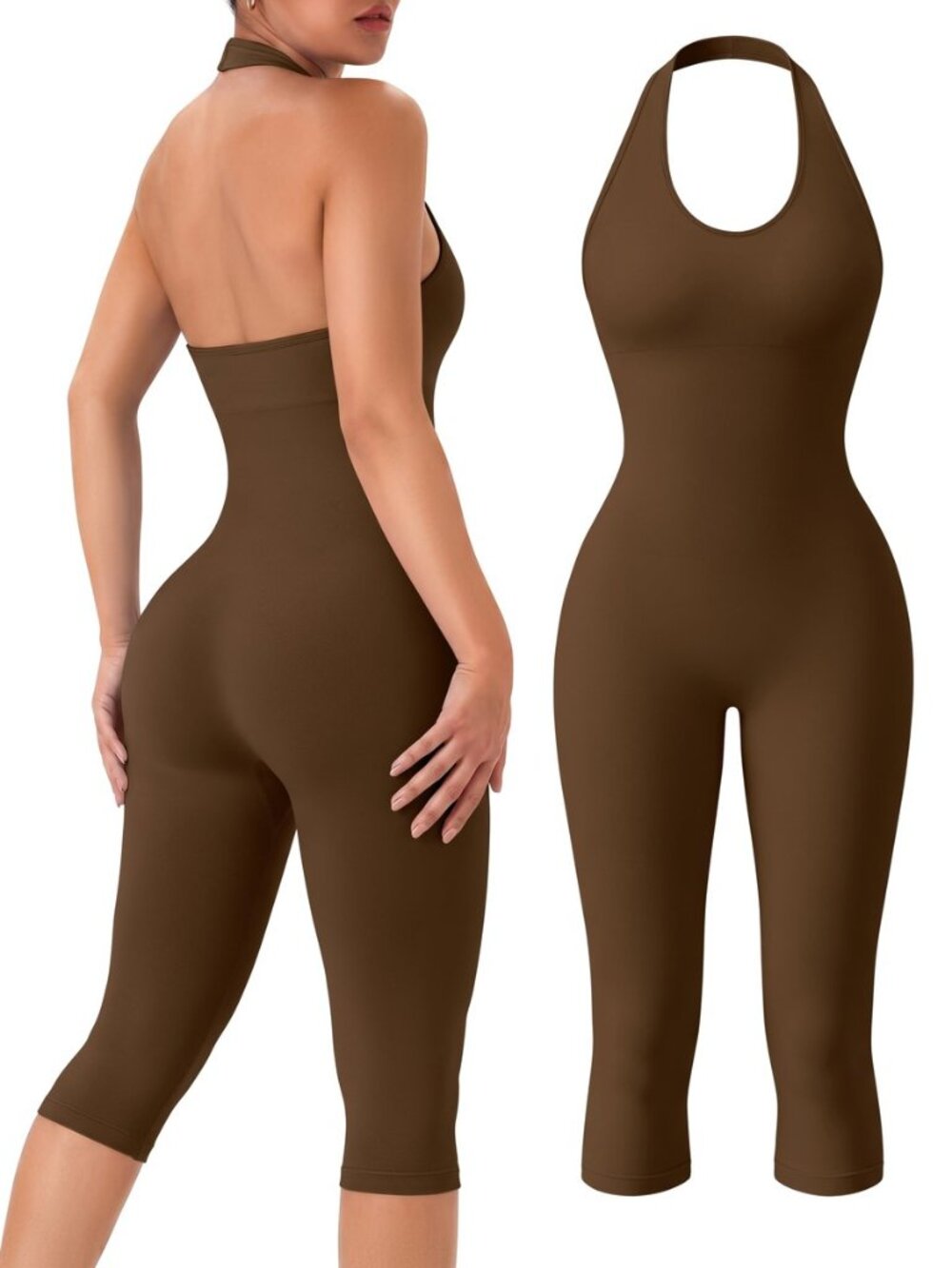 Womens Capri Jumpsuits Workout Halter Neck Tummy Control Yoga One Piece Outfits
